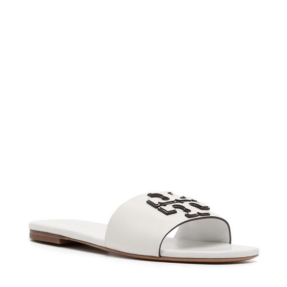 TORY BURCH DOUBLE STACK LOGO INES SLIDE LEATHER SANDAL GARDENIA - Picture 3 of 6